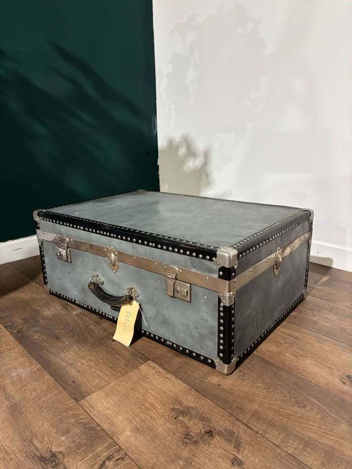 140.0 Vintage Metal Clad Trunk With Leather Handle photo