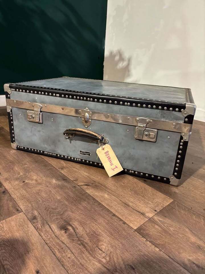 photo buy Vintage Metal Clad Trunk With Leather Handle