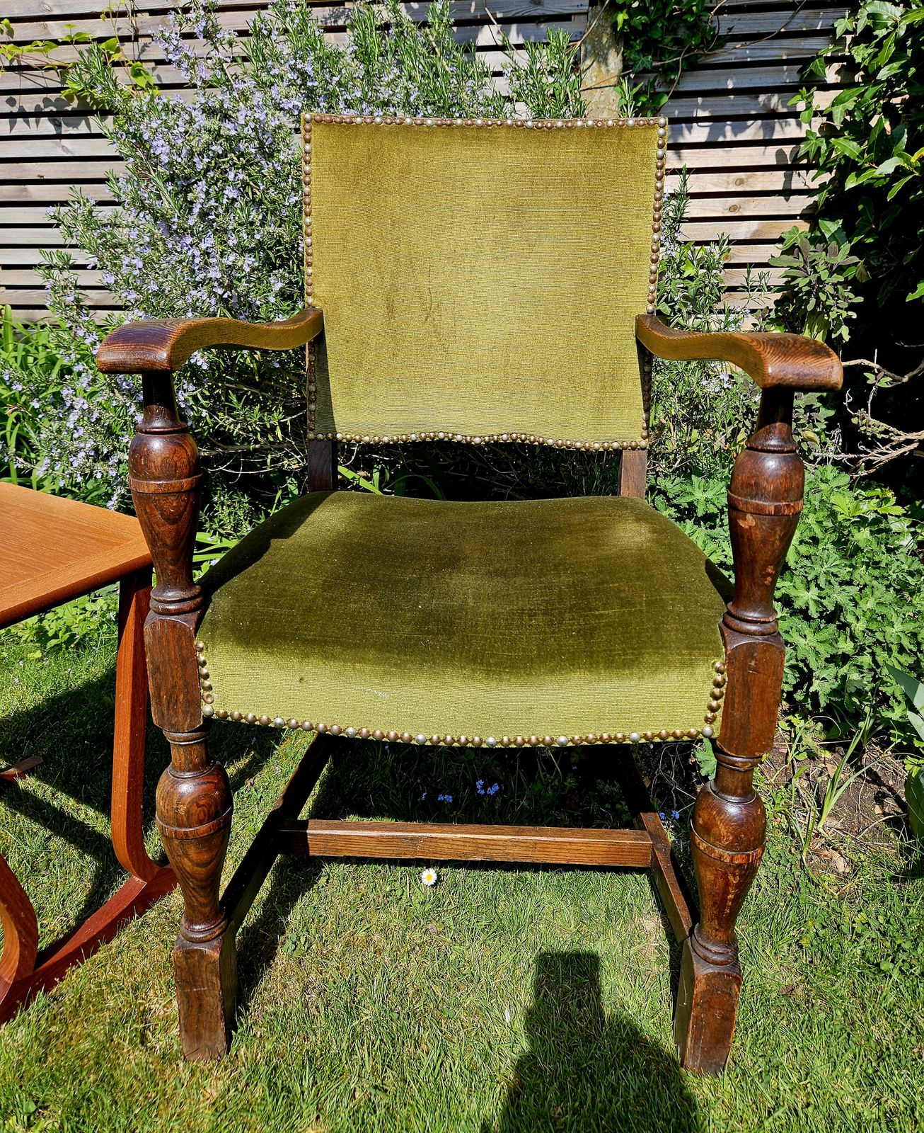 Impressive, Antique Oak Carver Chair In Studded Sage Green Velvet photo furniture