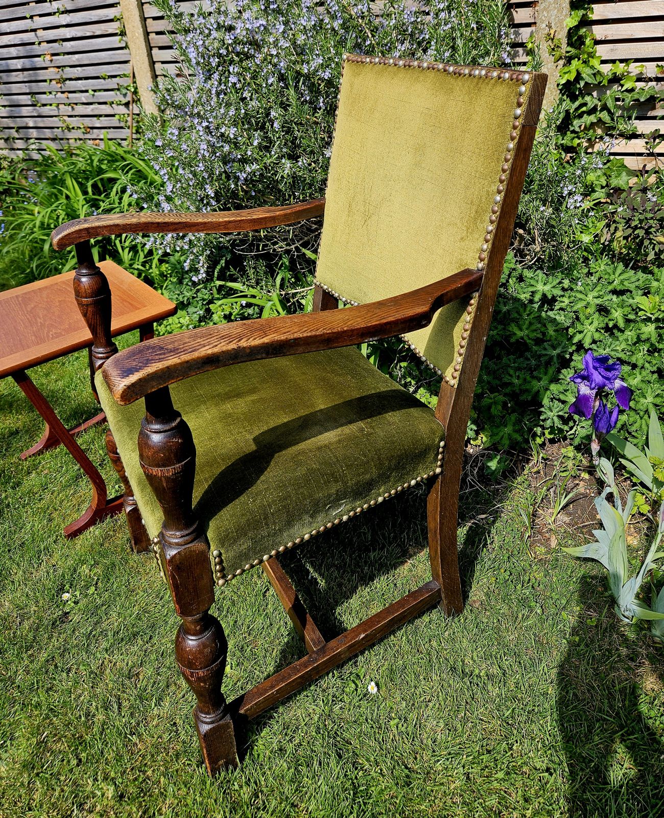 Impressive, Antique Oak Carver Chair In Studded Sage Green Velvet photo 249.0