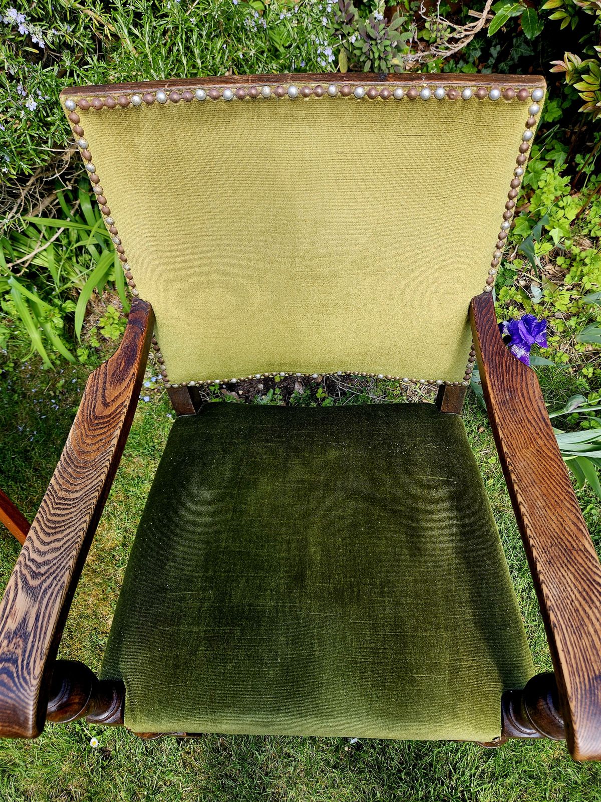 Furniture Impressive, Antique Oak Carver Chair In Studded Sage Green Velvet photo