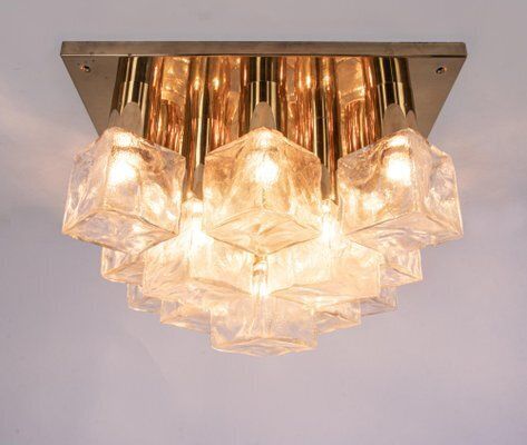 Cubist Flush Mount Chandelier In Brass And Ice Glass By J. T. Kalmar For Kalmar, Austria, 1960s photo furniture