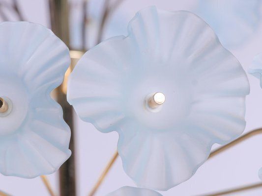 Modernist Hibiscus Bouquet Chandelier In Turquoise Glass Flowers & Brass, 1970s photo vintage