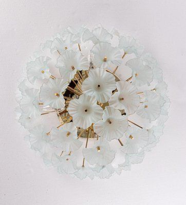 Gilt Brass Hibiscus Flush Mount Chandelier With Turquoise Glass Flowers, 1970s photo Lighting