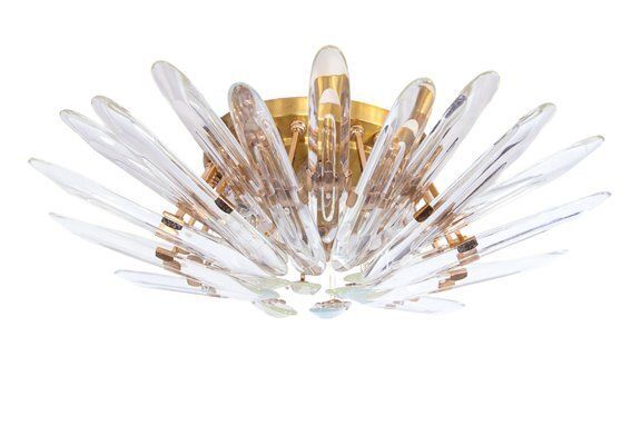 Sunburst Flush Mount In Crystal And Gilt Brass Attributed To Oscar Torlasco For Stilkronen, 1970s photo vinterior