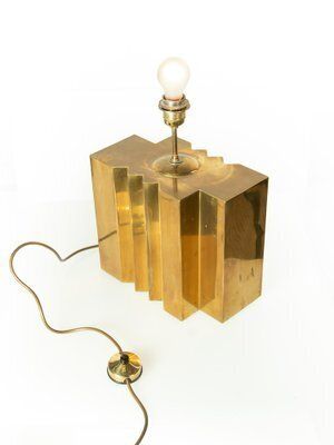 Large Brass Table Lamp By G. Autier, France, 1970s photo vintage