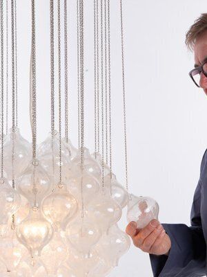 photo for sale Austrian Tulipan Chandelier Or Pendant Light In Blown Glass From Kalmar, 1960s
