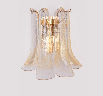 Vintage Petal Wall Sconces In Amber And Clear Murano Glass, Italy, 1970s, Set Of 2 photo for sale