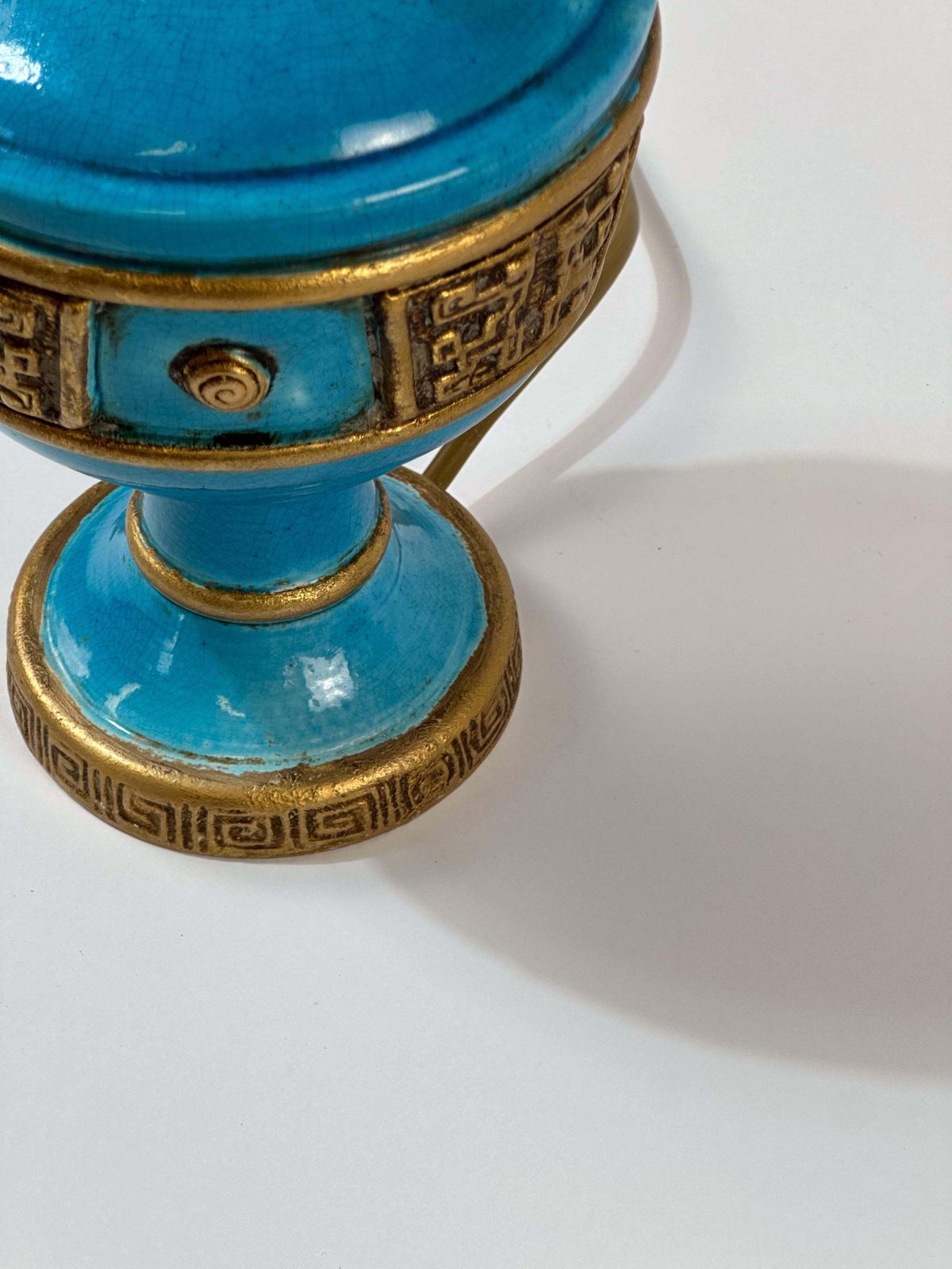 Ugo Zaccagnini Turquoise Ceramic Lamp, Asian Style Gilt Detailing C.1950s Italy photo vintage