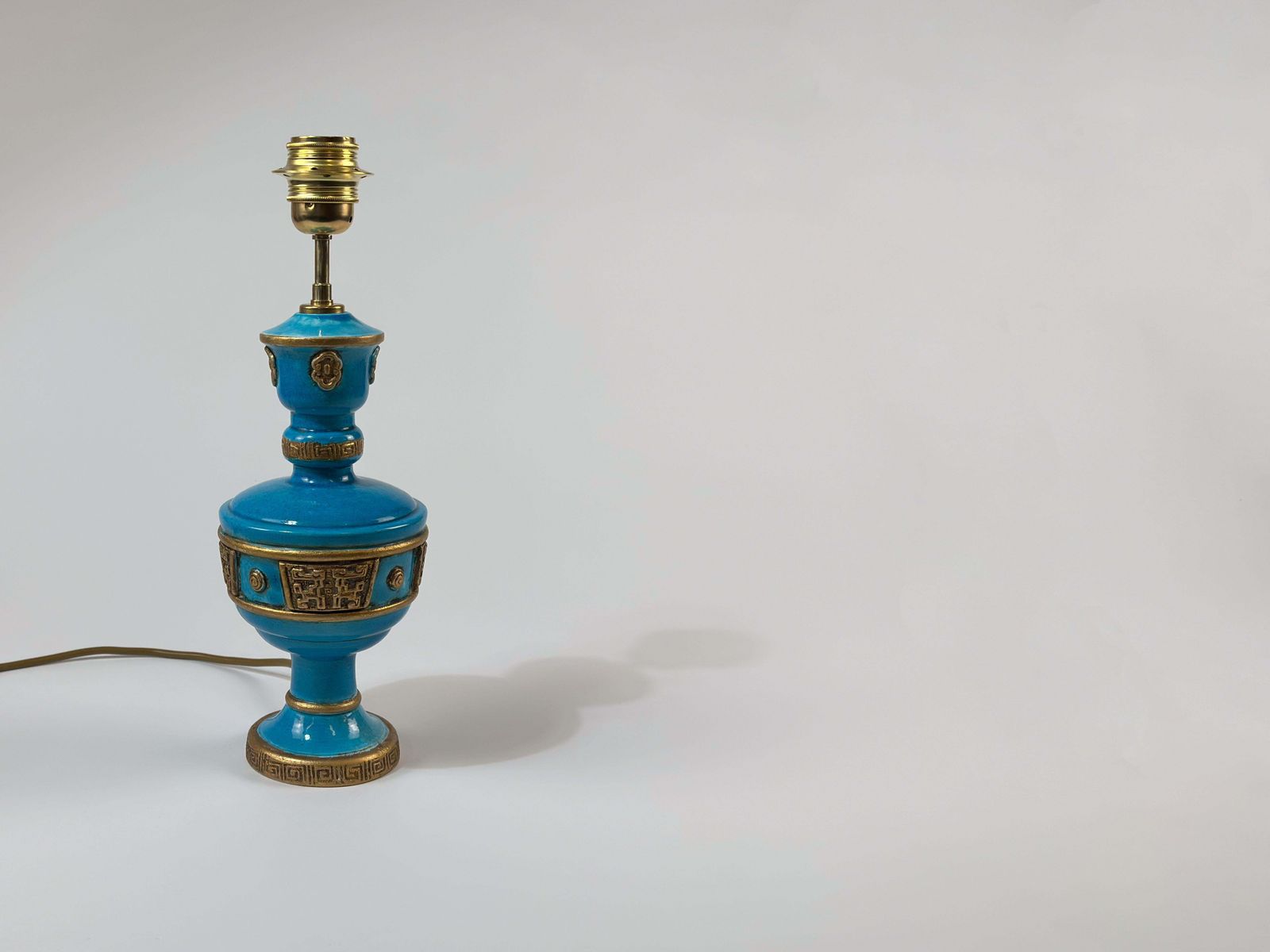 photo for sale Ugo Zaccagnini Turquoise Ceramic Lamp, Asian Style Gilt Detailing C.1950s Italy