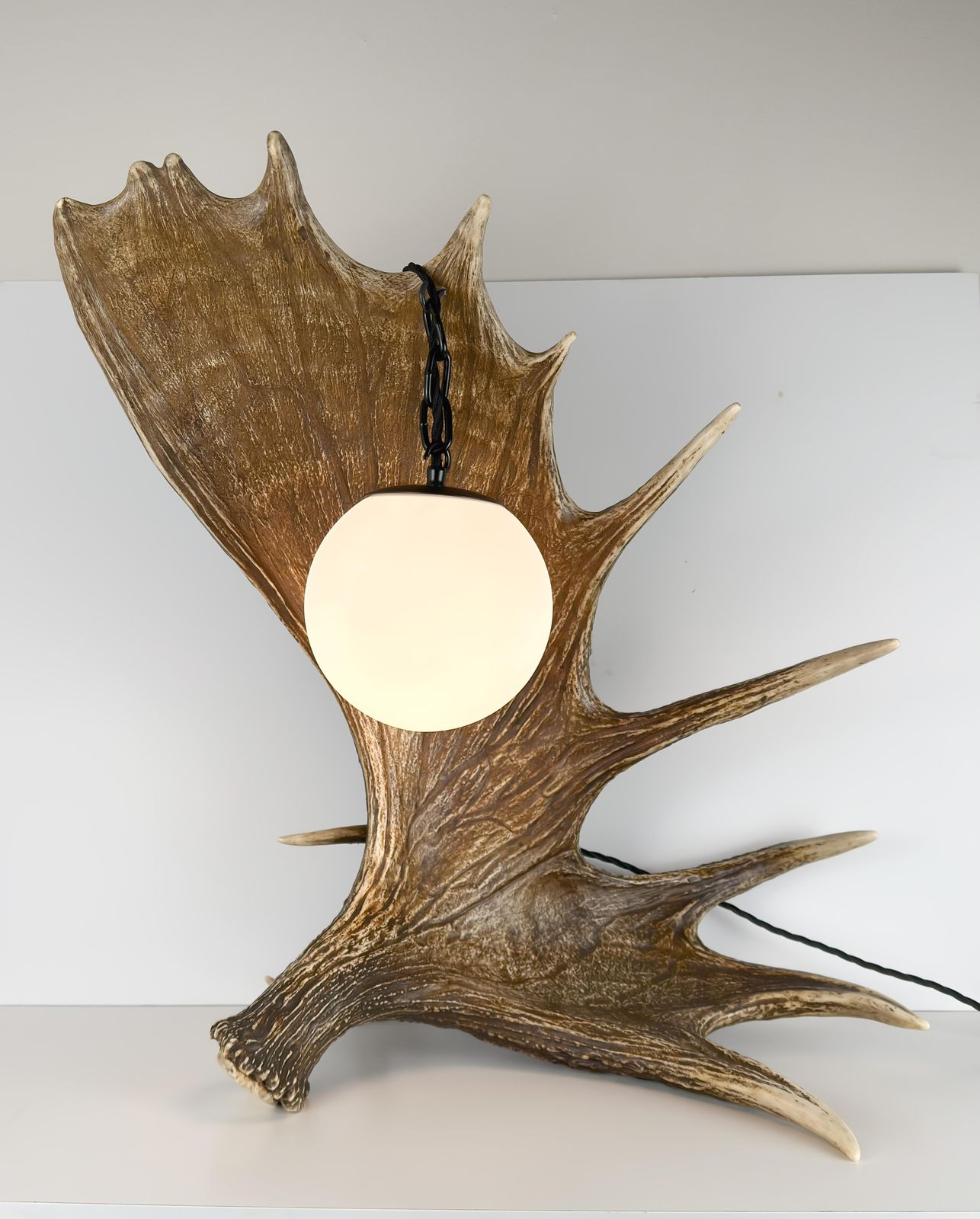 photo for sale Black Forest Fallow Deer Antler Table Lamp, Frosted Glass Globe, Germany, 1950s