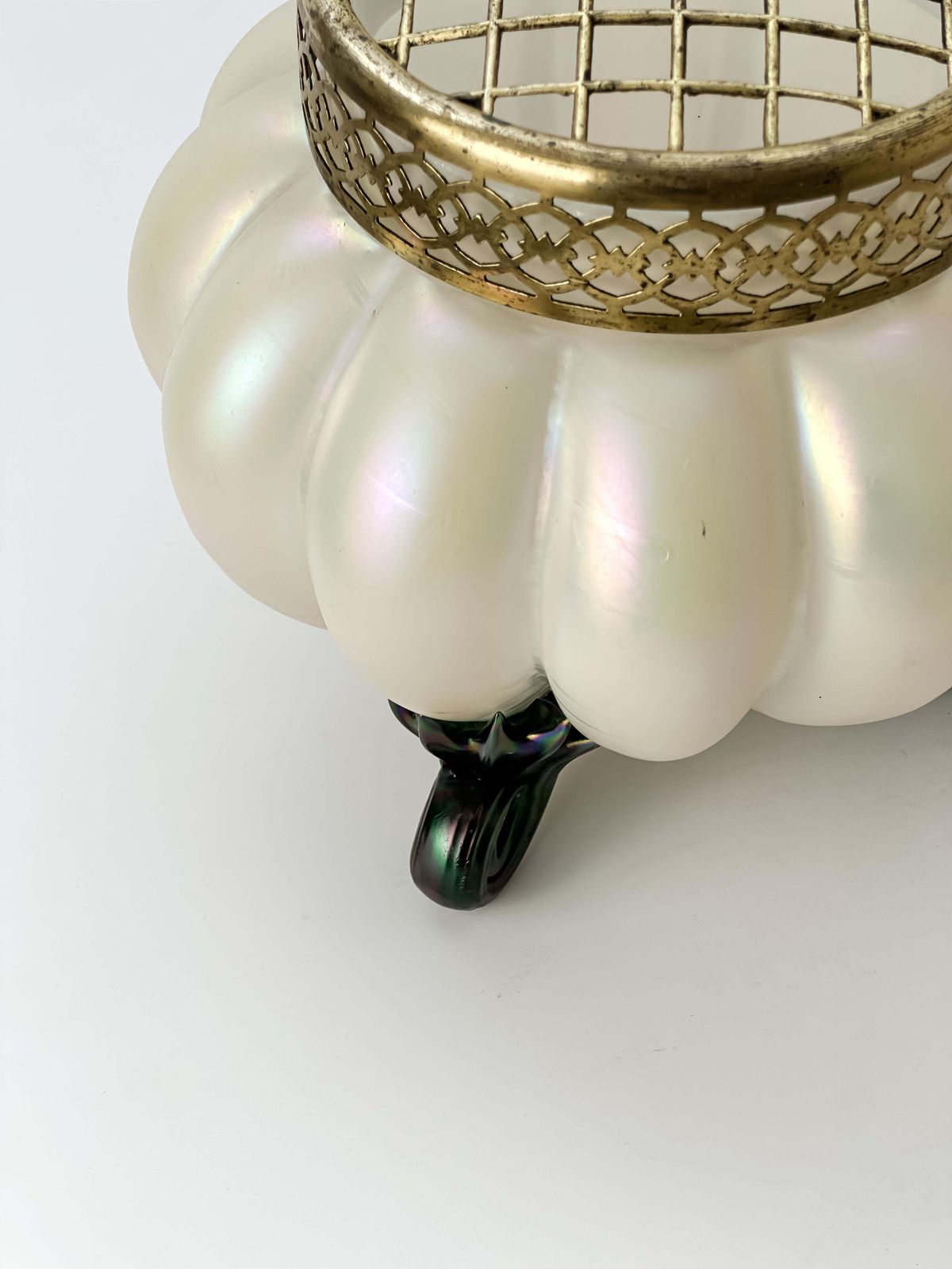 Art Nouveau Pearlescent Glass Vase By Kralik With Brass Frog, Czech Circa 1910 photo furniture