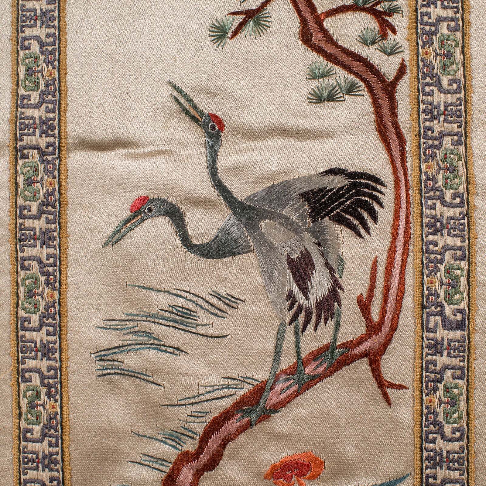 Tall Vintage Embroidered Panel, Oriental Silk Cotton Needlepoint Scene, Art Deco photo vintage