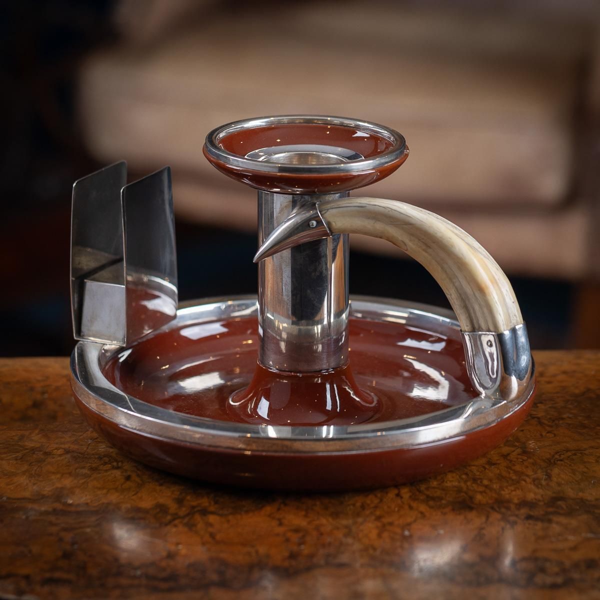20thc German Solid Silver, Ceramic & Boar Tusk Cigarette Box Holder & Ashtray photo furniture