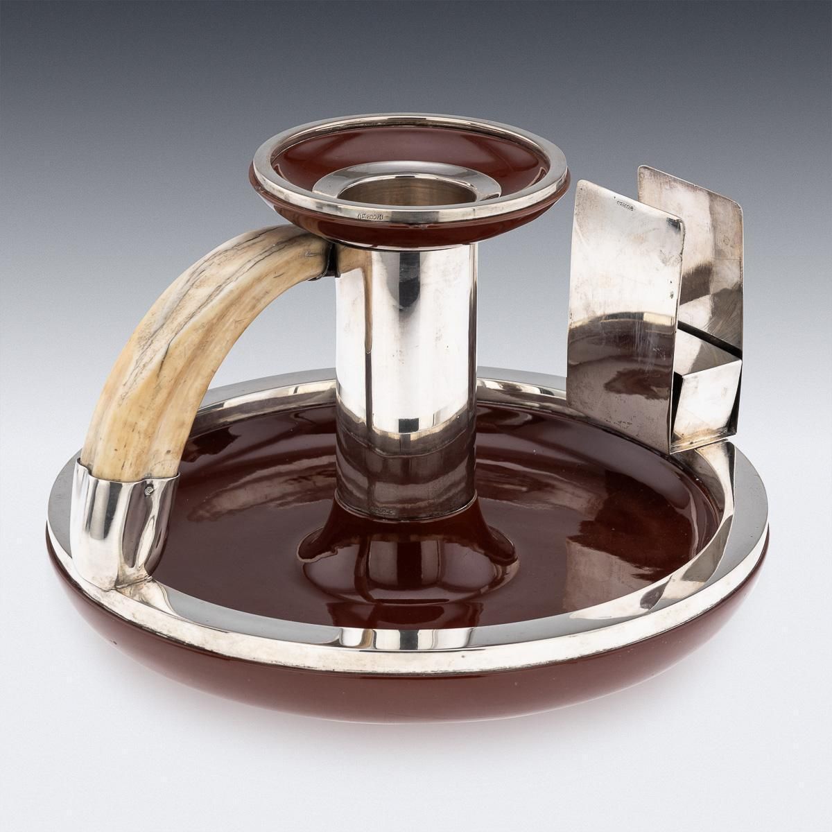 20thc German Solid Silver, Ceramic & Boar Tusk Cigarette Box Holder & Ashtray photo 3558.0