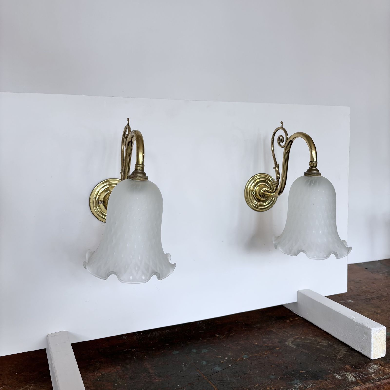 Pair Of Polished Brass Wall Lights With Frosted Harlequin Shades photo for sale