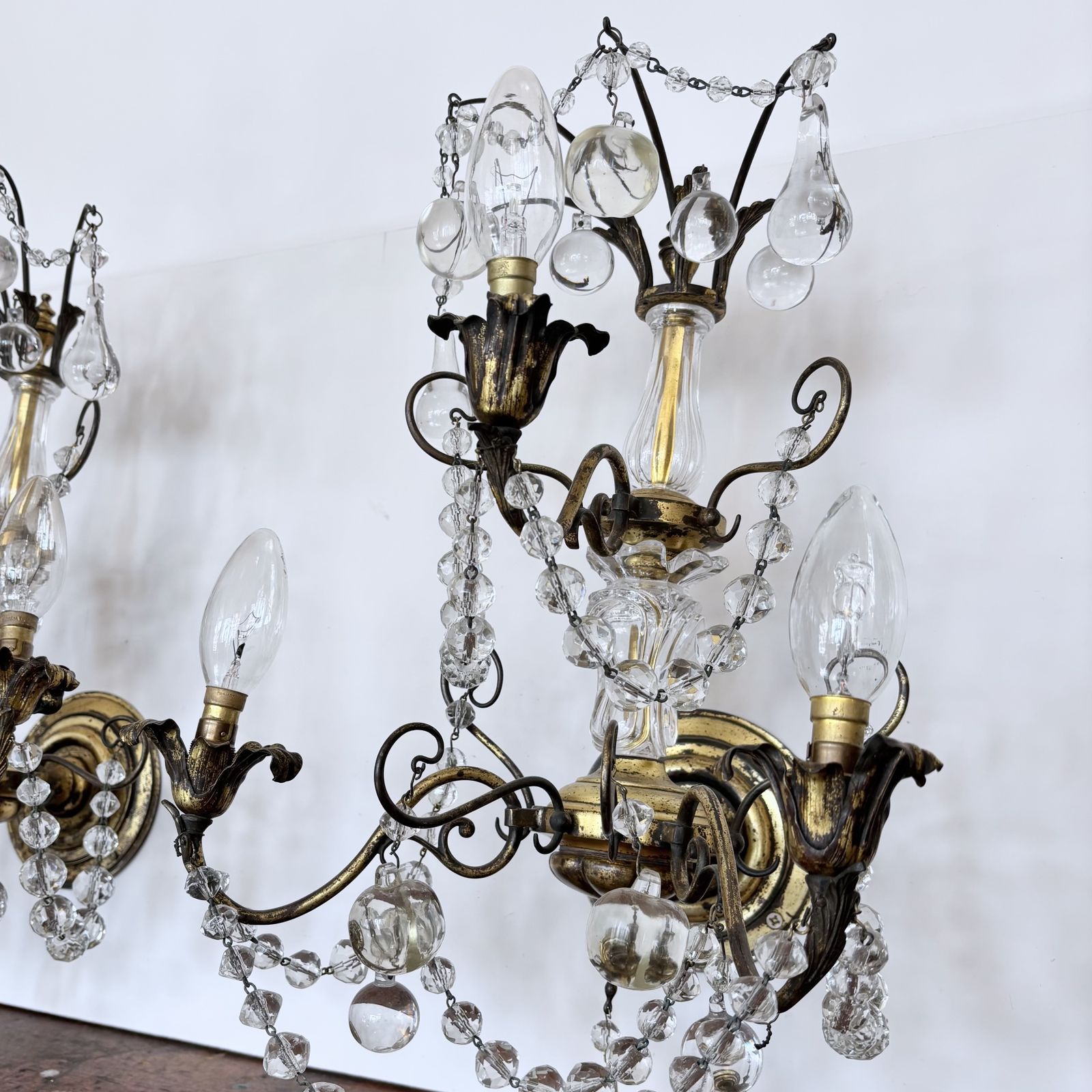 Pair Of Large French Brass Wall Lights With Decorative Crystal Glass Drops photo 895.0