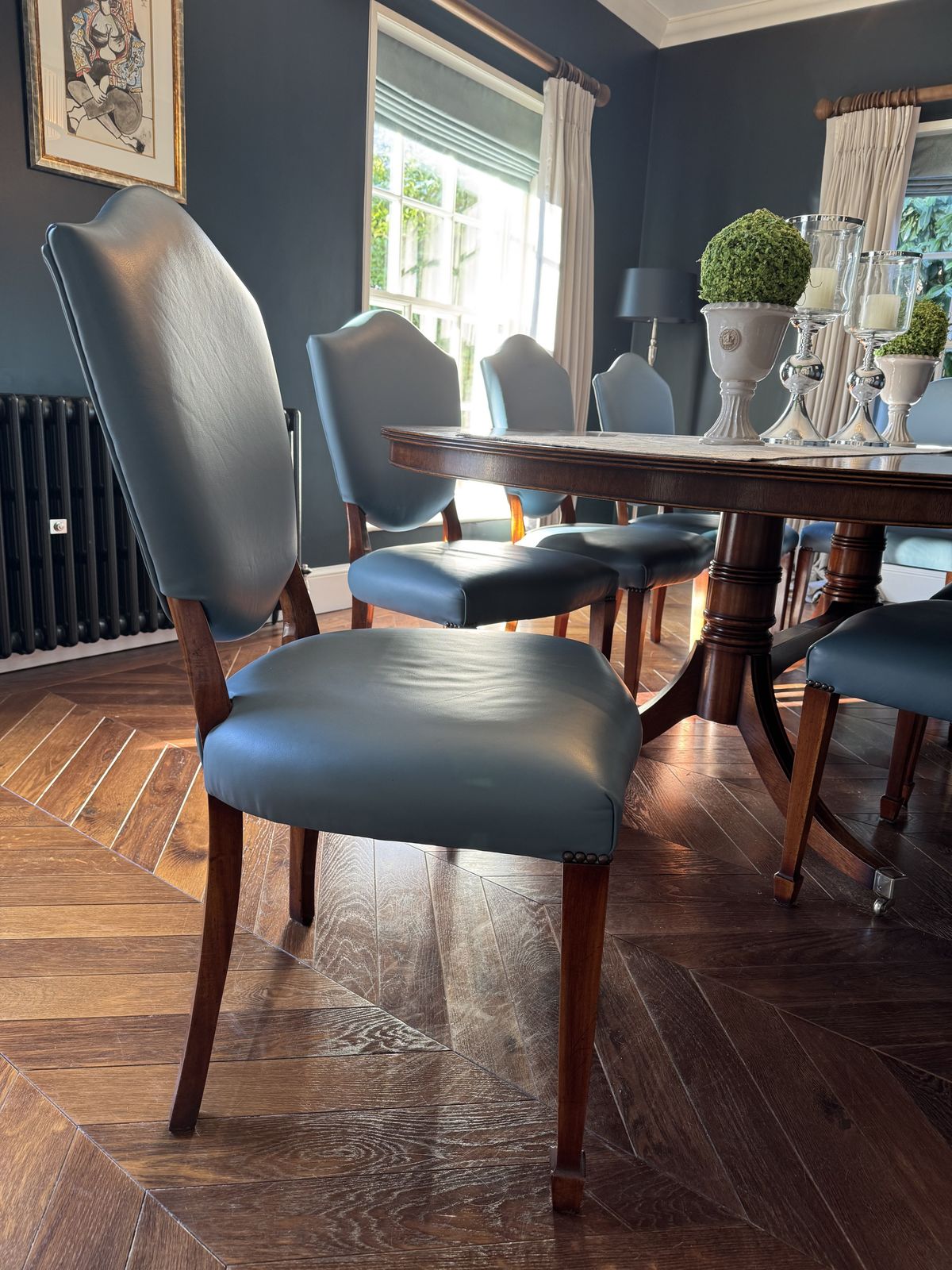 Iain James Dining Table & 8 Chairs In Blue/Grey Leather. + Removable Extension photo vinterior