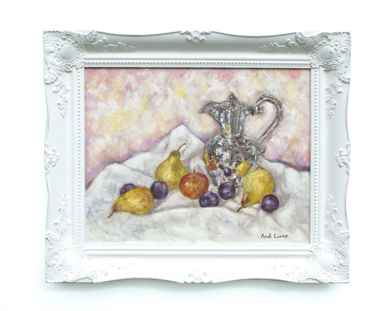 Fruits & Silver Still Life Oil Painting Signed Framed Original Apples Pears Andi