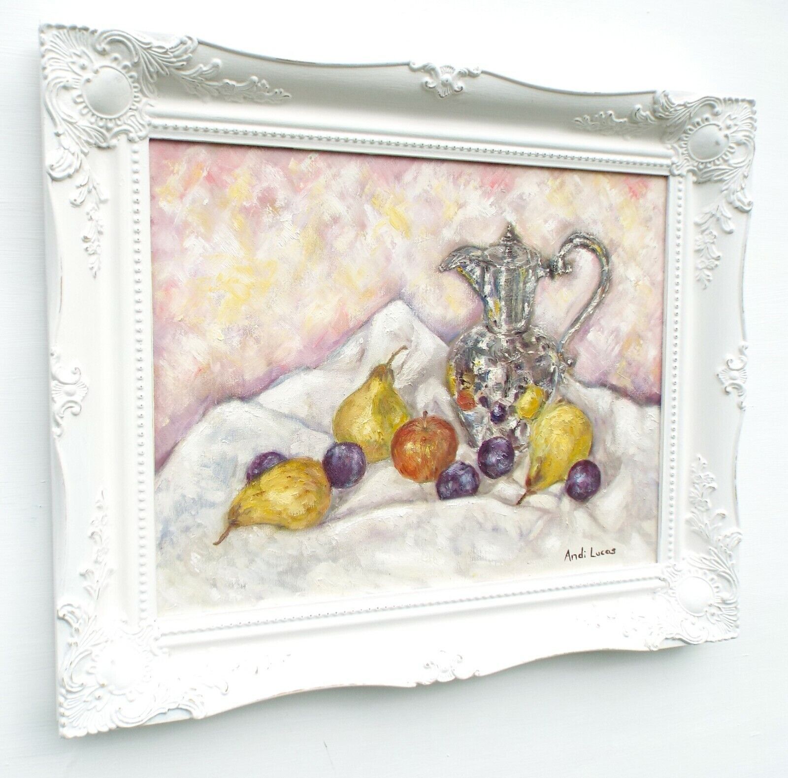 Fruits & Silver Still Life Oil Painting Signed Framed Original Apples Pears Andi photo Art