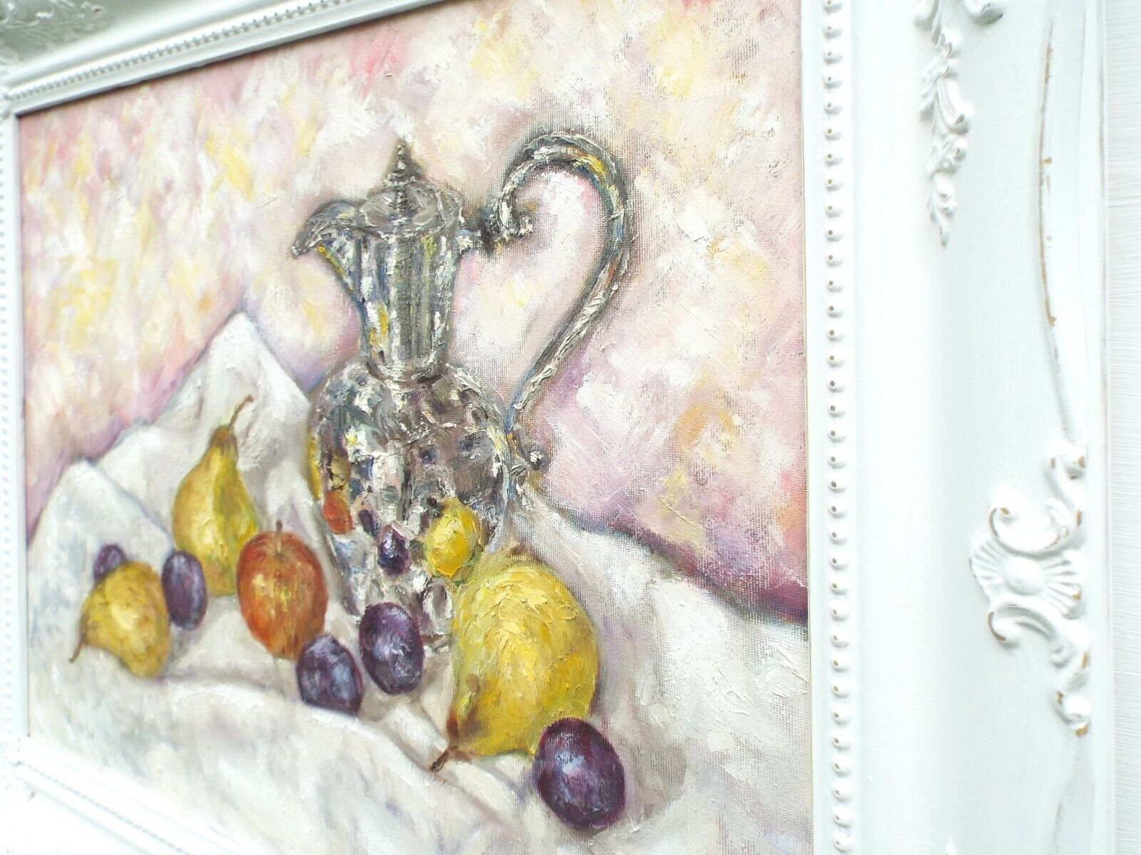 Fruits & Silver Still Life Oil Painting Signed Framed Original Apples Pears Andi photo vinterior