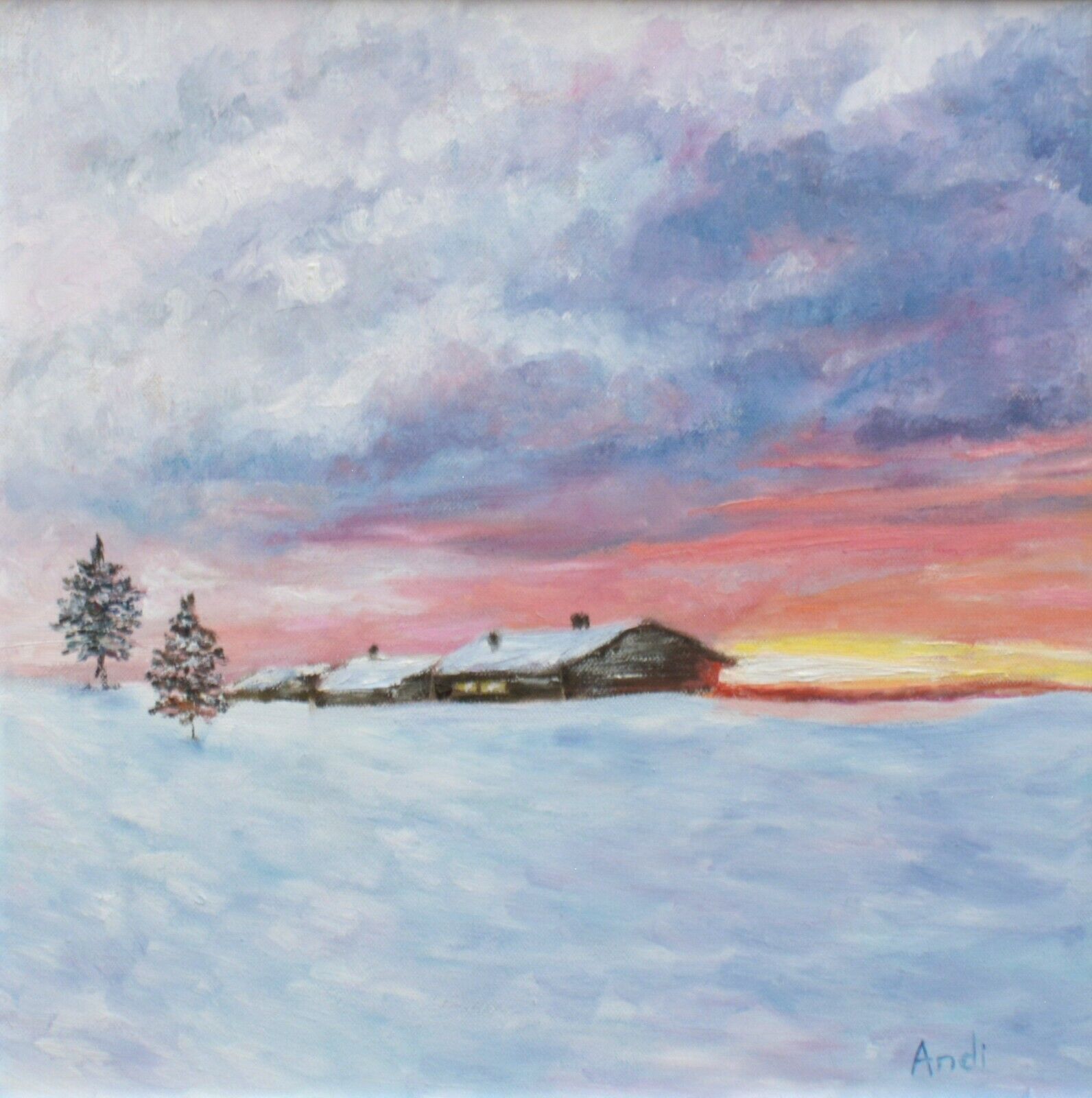 Log Cabin Snowscene Landscape Oil Painting Winter Sunset Framed Andi J Lucas photo for sale