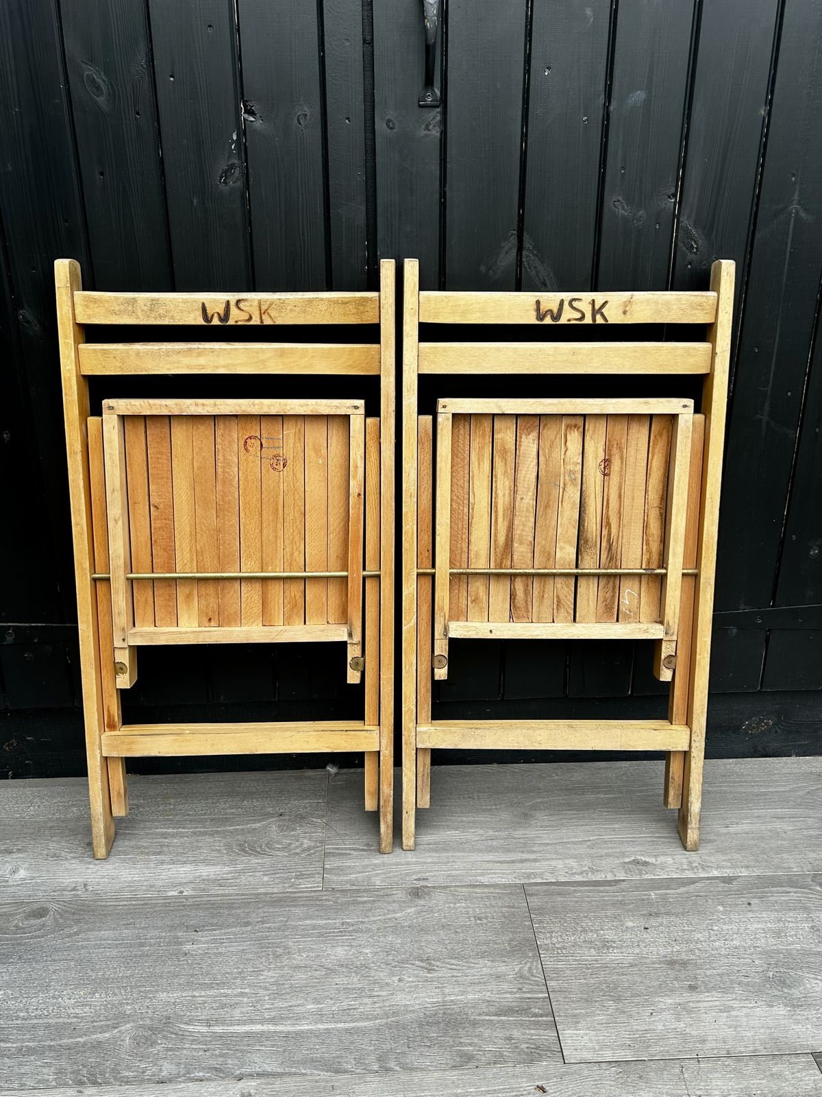 Set Of Two Vintage German Octoberfest Wooden Slated Ladder Back Folding Chairs photo Furniture