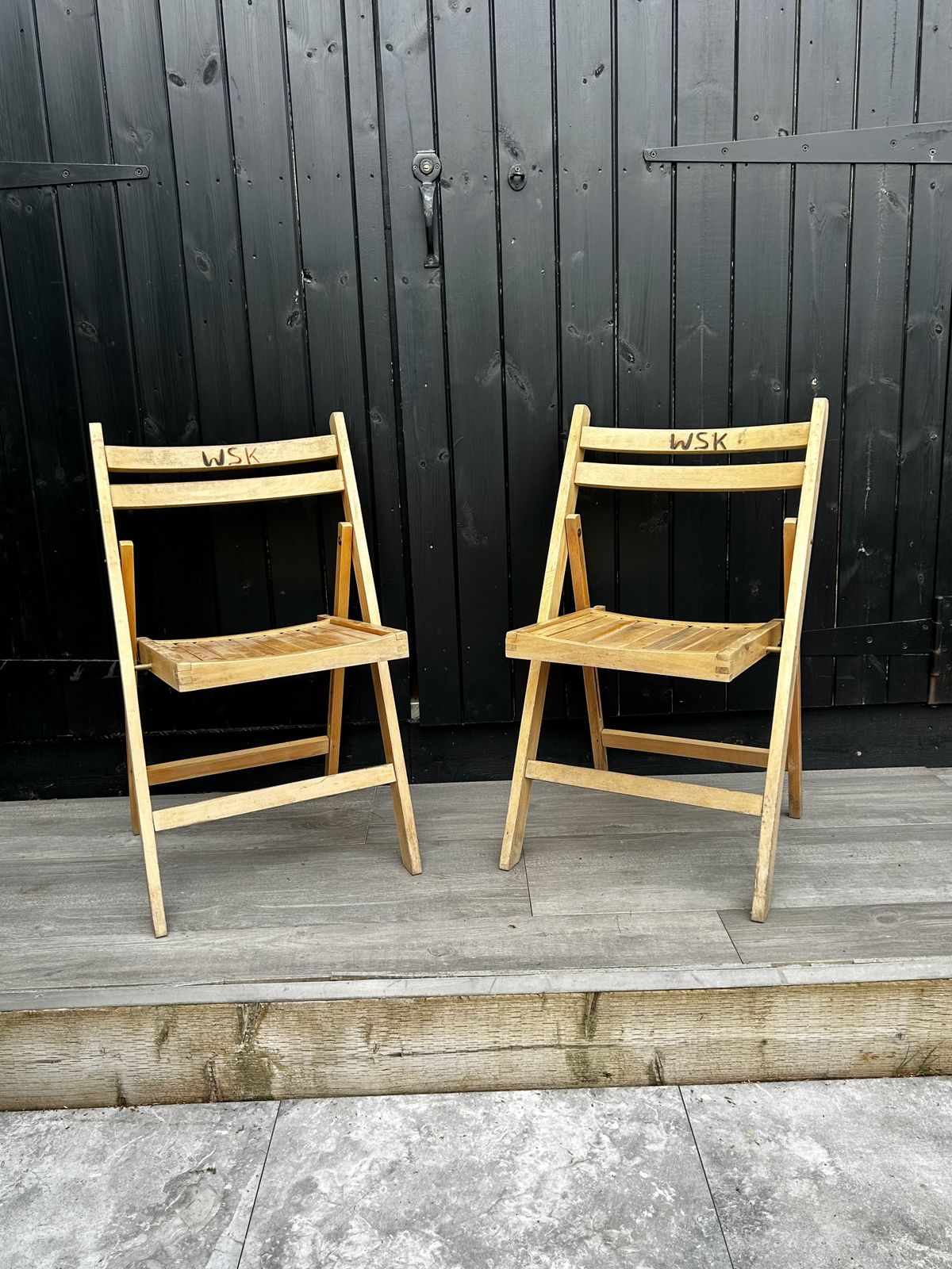 Set Of Two Vintage German Octoberfest Wooden Slated Ladder Back Folding Chairs