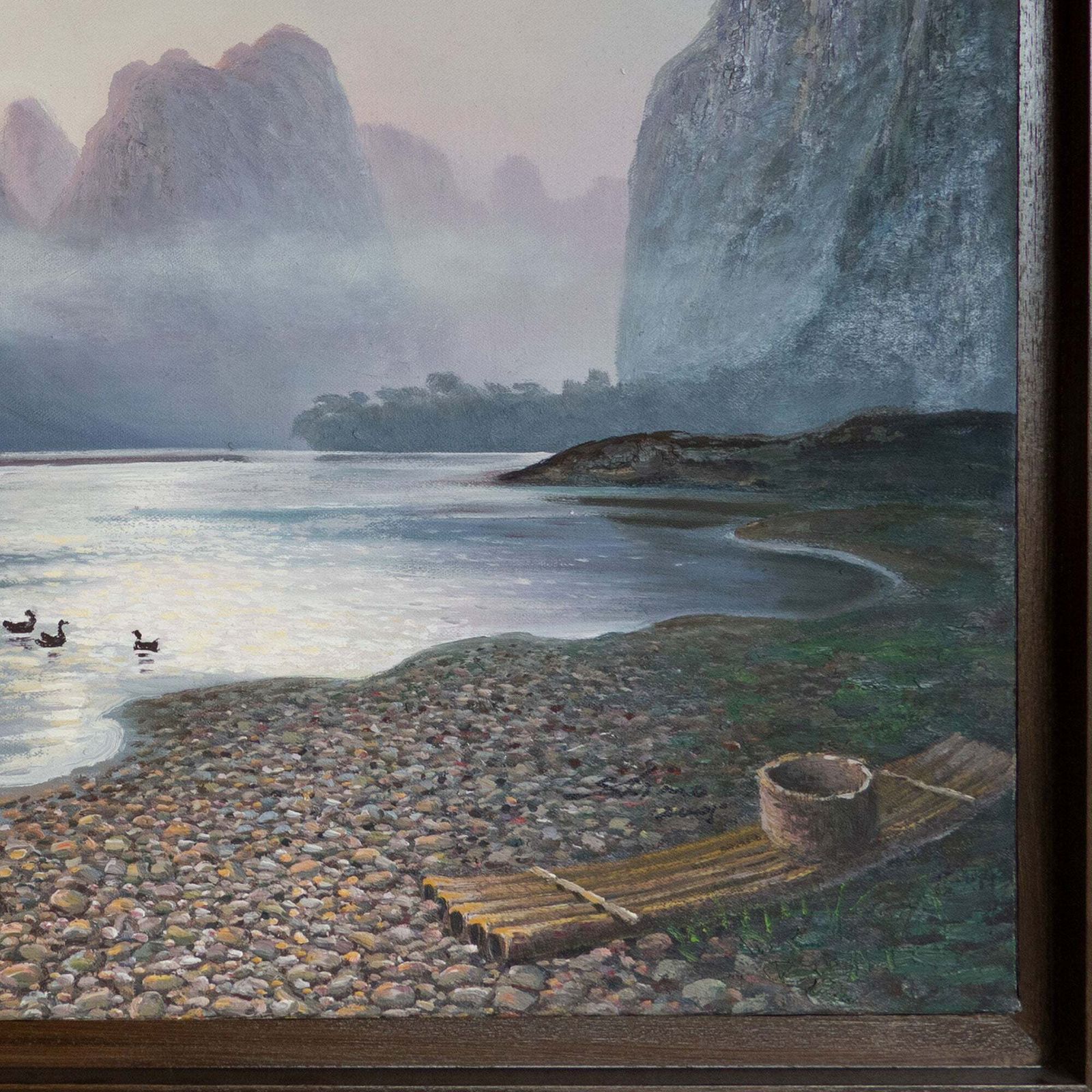 Tranquil Dawn On The Li River – Misty Karst Mountains – Oil On Canvas photo for sale