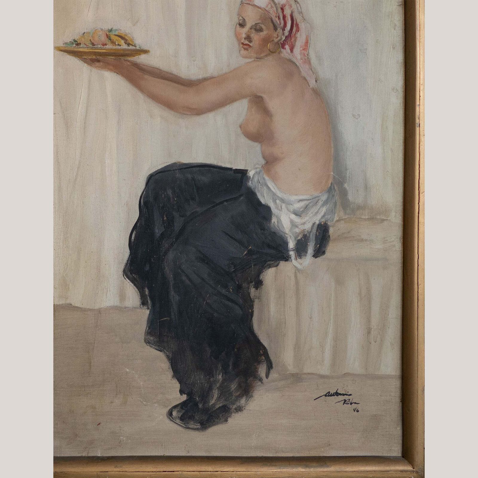 Zittende Vrouw Met Fruit – Olieverfschilderij Van Antonio Riba (1946) photo for sale