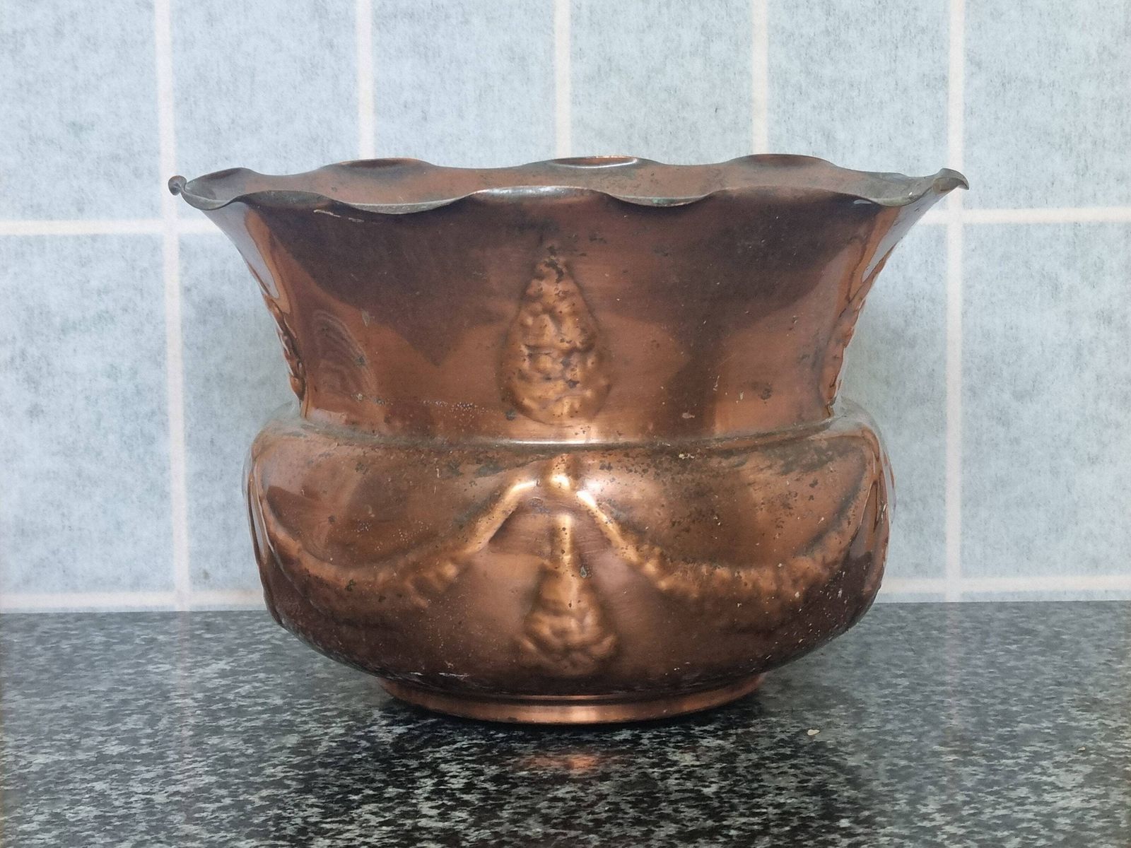 Victorian Copper Planter | 1800s English Plant Pot | Wreath Design Decorative Bowl | Dark Academia photo for sale