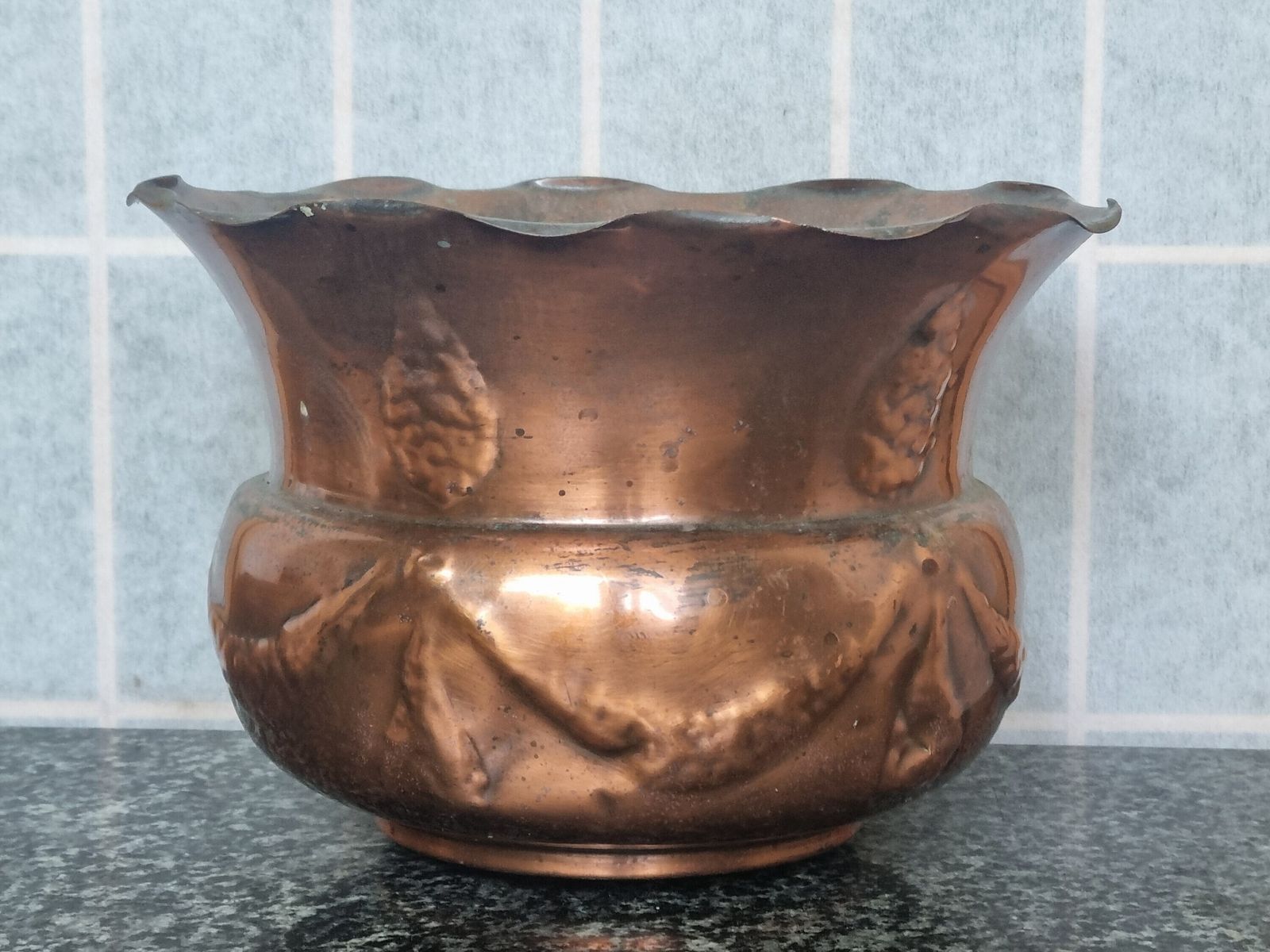 photo furniture Victorian Copper Planter | 1800s English Plant Pot | Wreath Design Decorative Bowl | Dark Academia