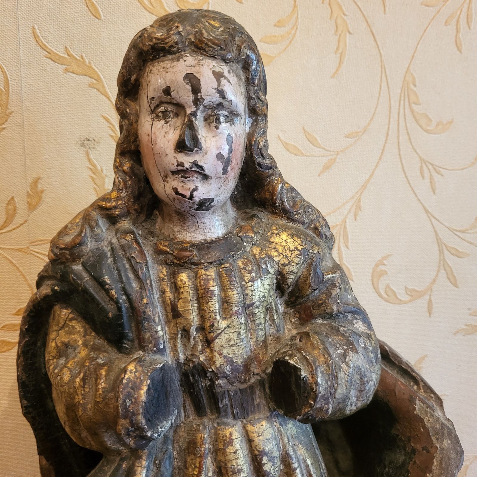 Antique Carved Wood Polychrome Religious Figure photo furniture