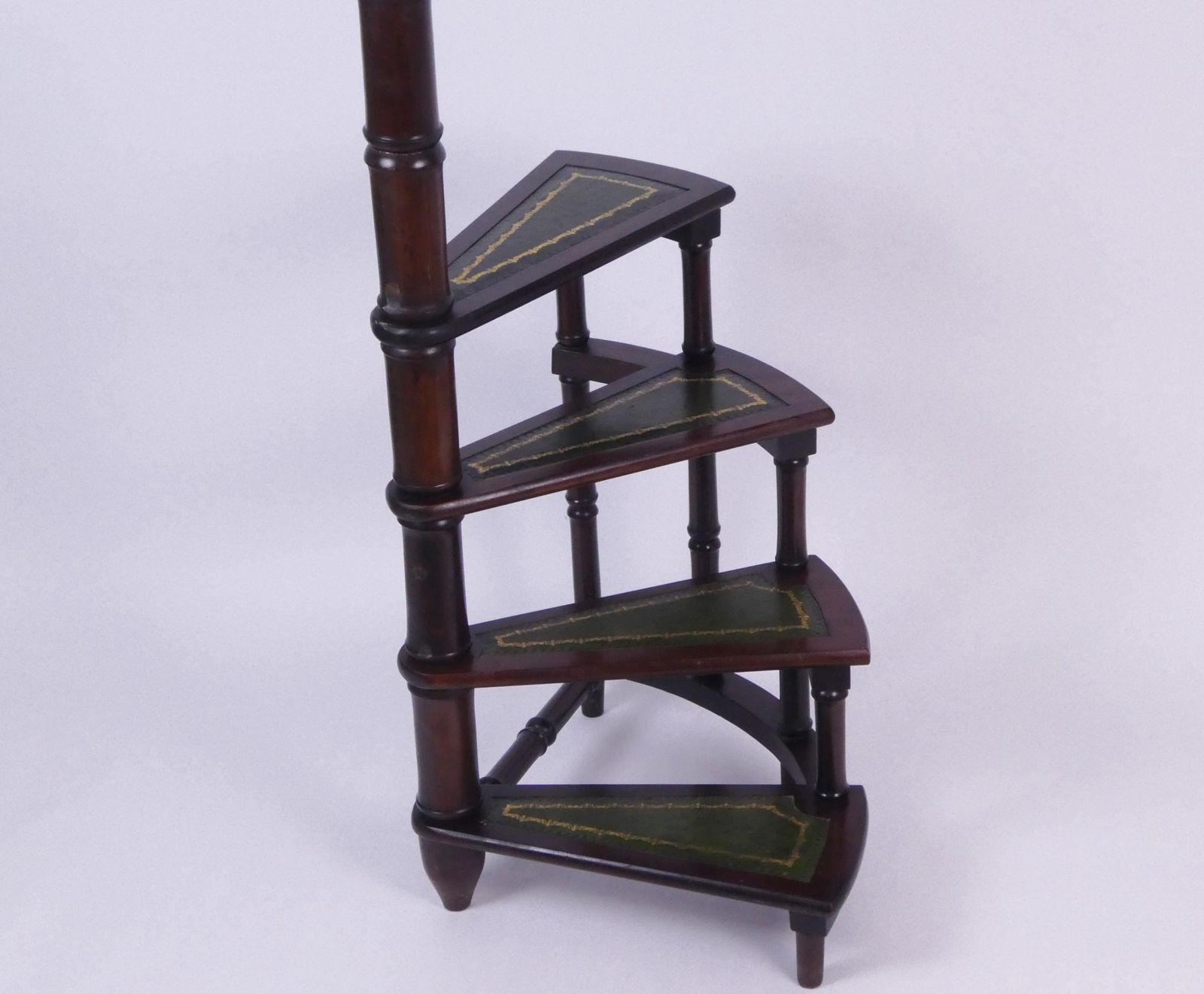 Vintage English Wooden Library Stairs With Green Leather, Large 50's Spiral Bookcase Ladder, Victorian Style Steps photo buy
