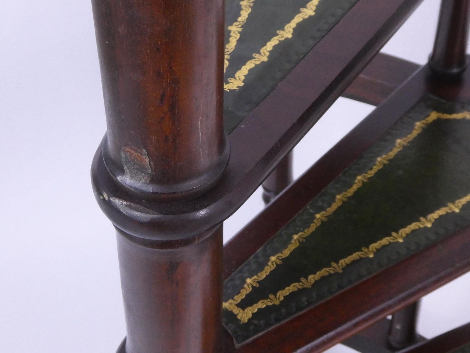 Vintage English Wooden Library Stairs With Green Leather, Large 50's Spiral Bookcase Ladder, Victorian Style Steps photo vintage