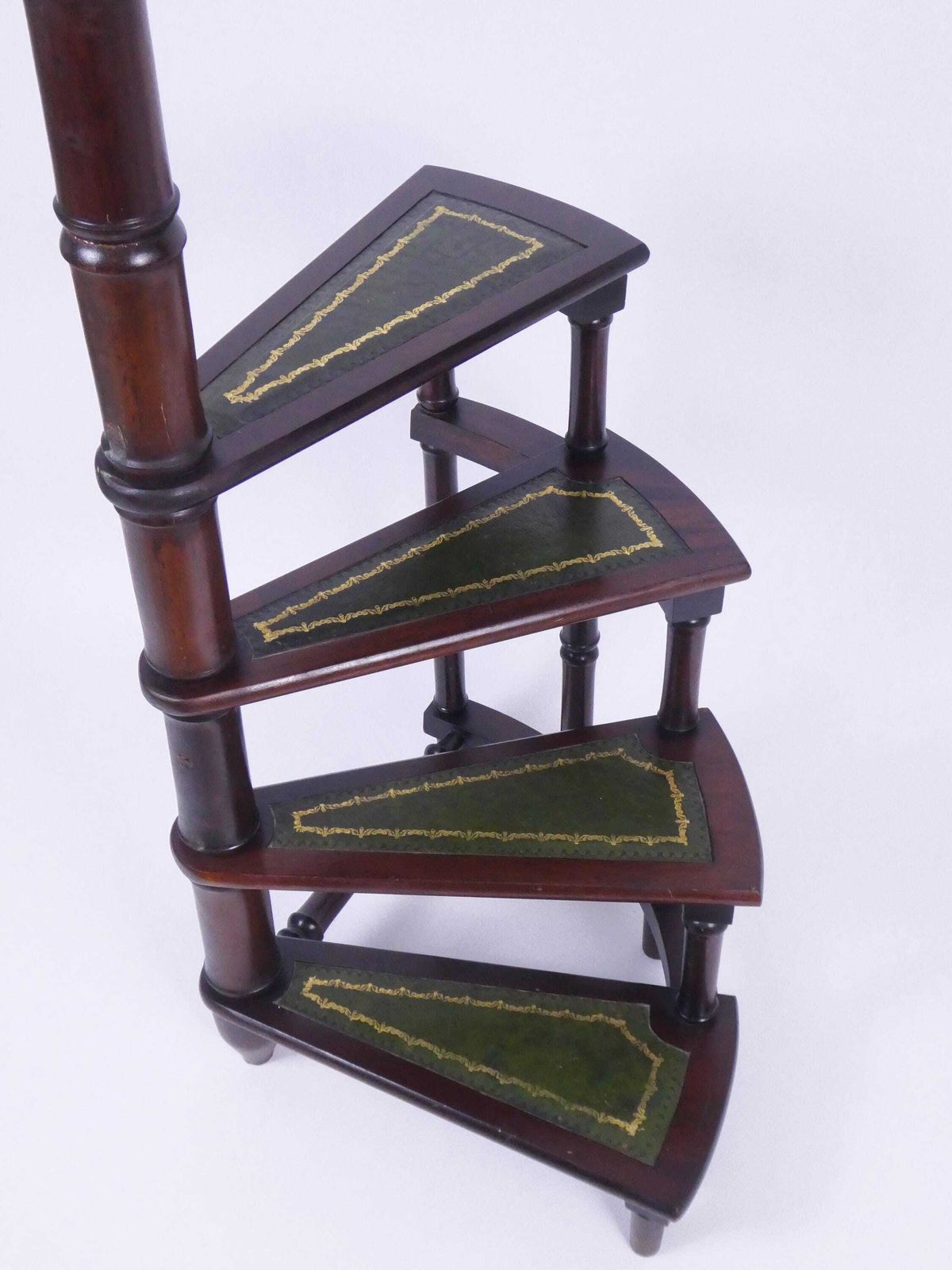 photo furniture Vintage English Wooden Library Stairs With Green Leather, Large 50's Spiral Bookcase Ladder, Victorian Style Steps