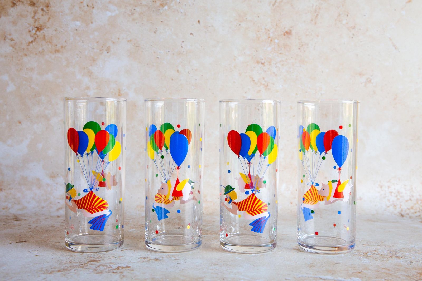 Vintage Glass Tumblers Set Of 4, Clown Print Glass Tumblers, Retro Glass Tumblers, Kitsch Print Tumblers, Vintage Panache Tumblers photo for sale