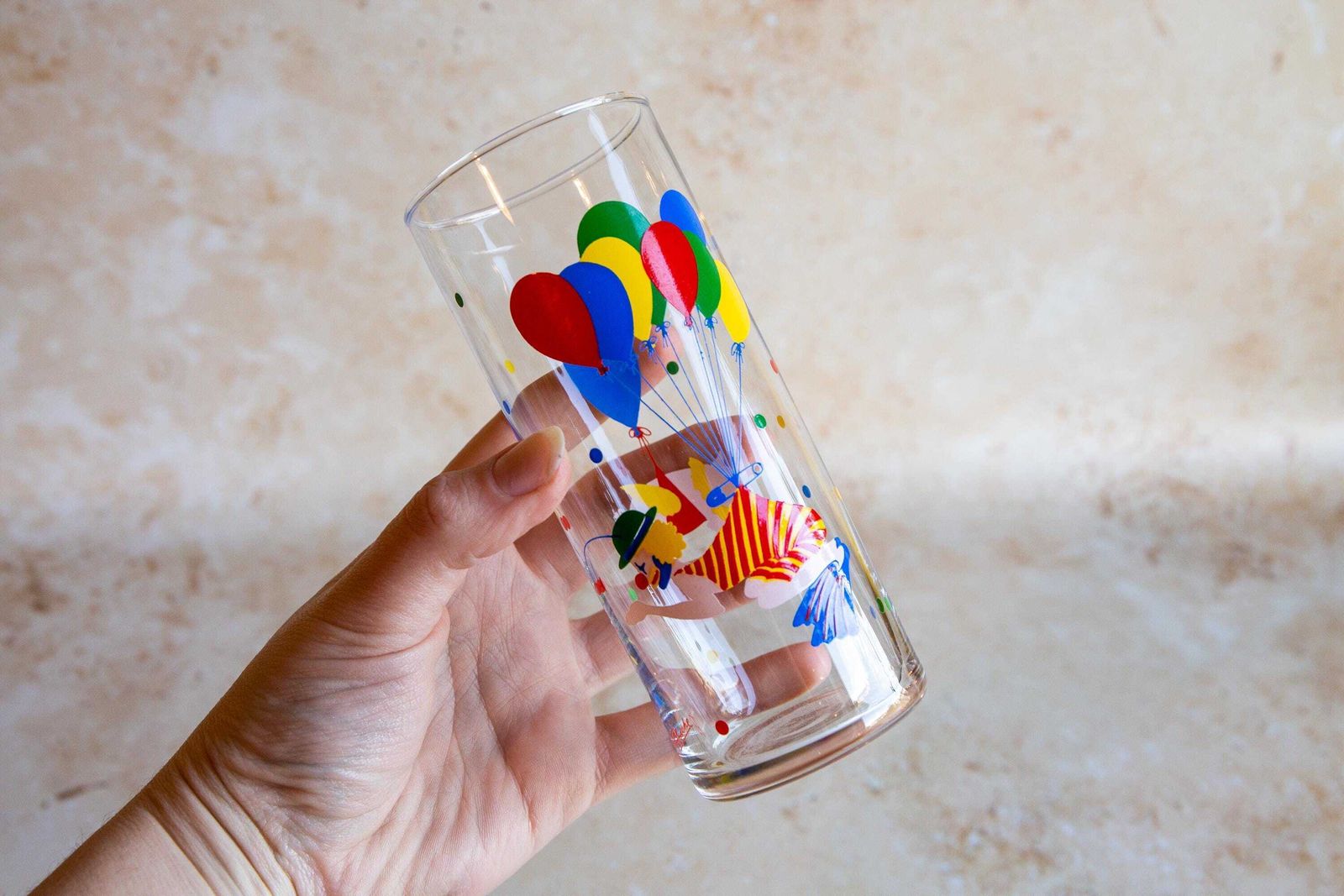 Vintage Glass Tumblers Set Of 4, Clown Print Glass Tumblers, Retro Glass Tumblers, Kitsch Print Tumblers, Vintage Panache Tumblers photo vinterior