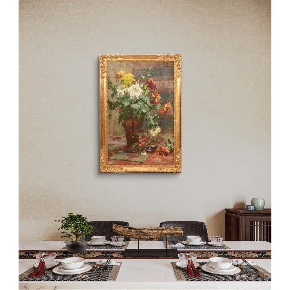 Art Deco Still Life Painting, Flowers Vase Painting, Chrysanthemums, Oil On Canvas, Antique Painting, Art Deco, XX. (Qf653) photo furniture