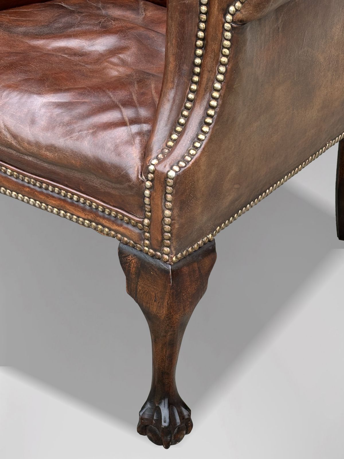 19th Century Brown Leather Wing Armchair photo vintage