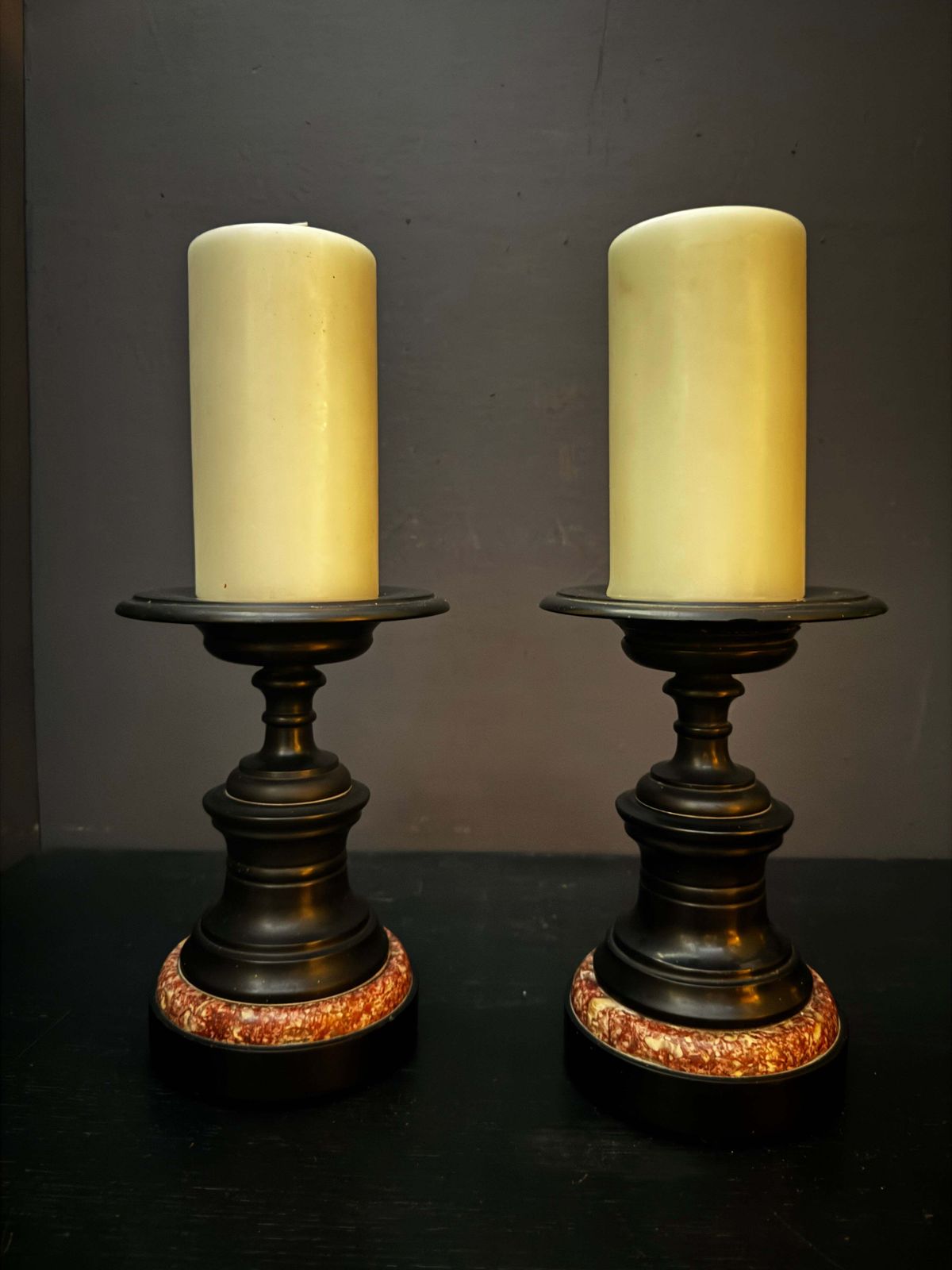 Mid 1800s Pair Of French Turned Black Marble Candle Sticks photo Home Decor