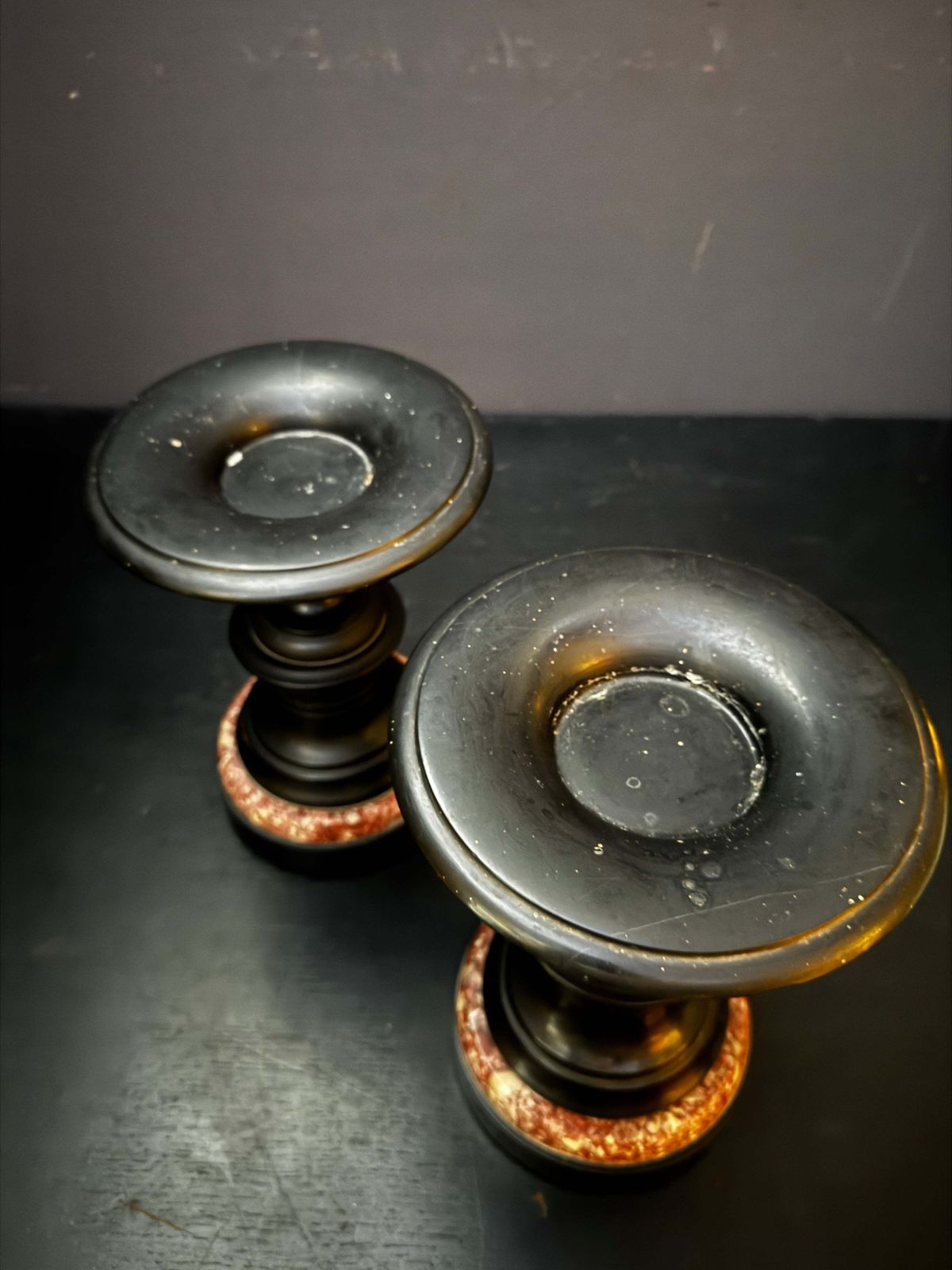 Mid 1800s Pair Of French Turned Black Marble Candle Sticks photo 325.0