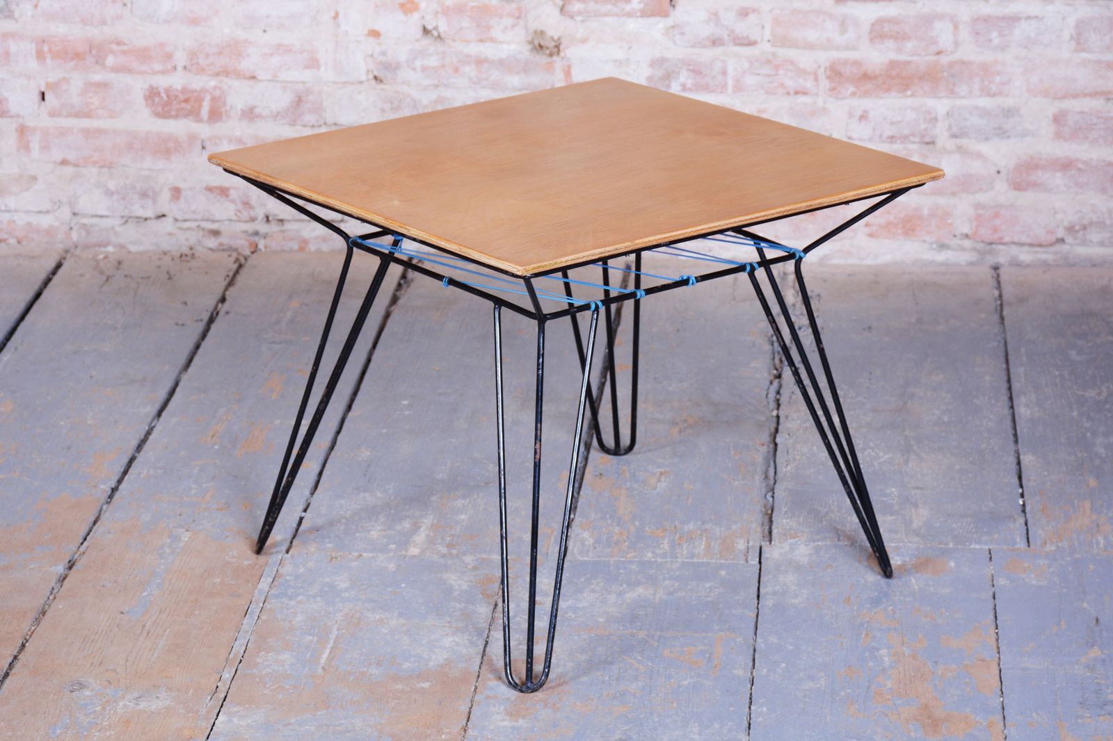 Restored Mid Century Coffee Table, Beech, Blackened Metal, Czech, 1950s photo vinterior