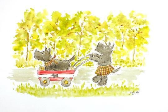 Scottie Dogs Puppies Illustration Cute Animal Original Watercolour Painting Andi