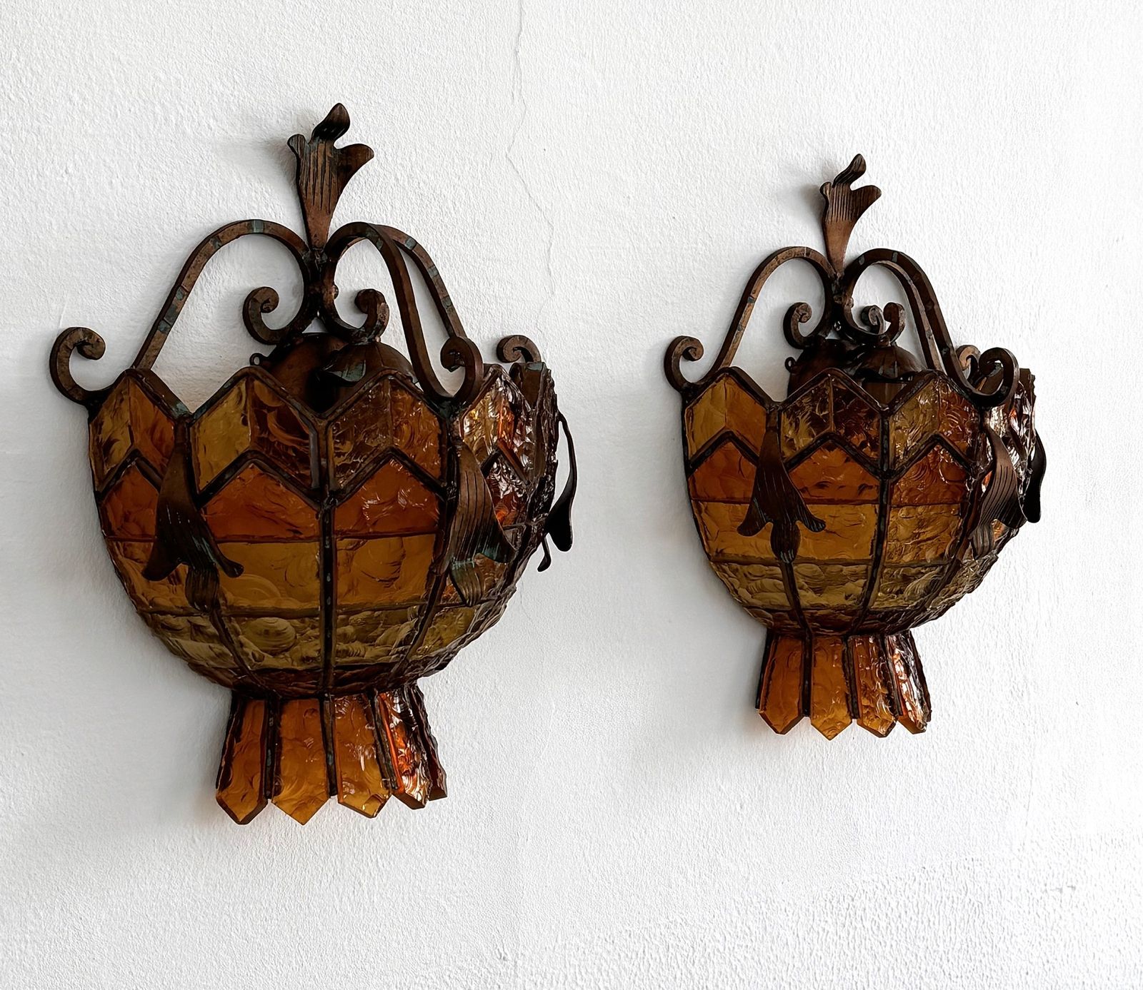 Pair Of Sconces In Wrought Iron And Hammered Glass By Longobard, Italy, 1970s photo buy