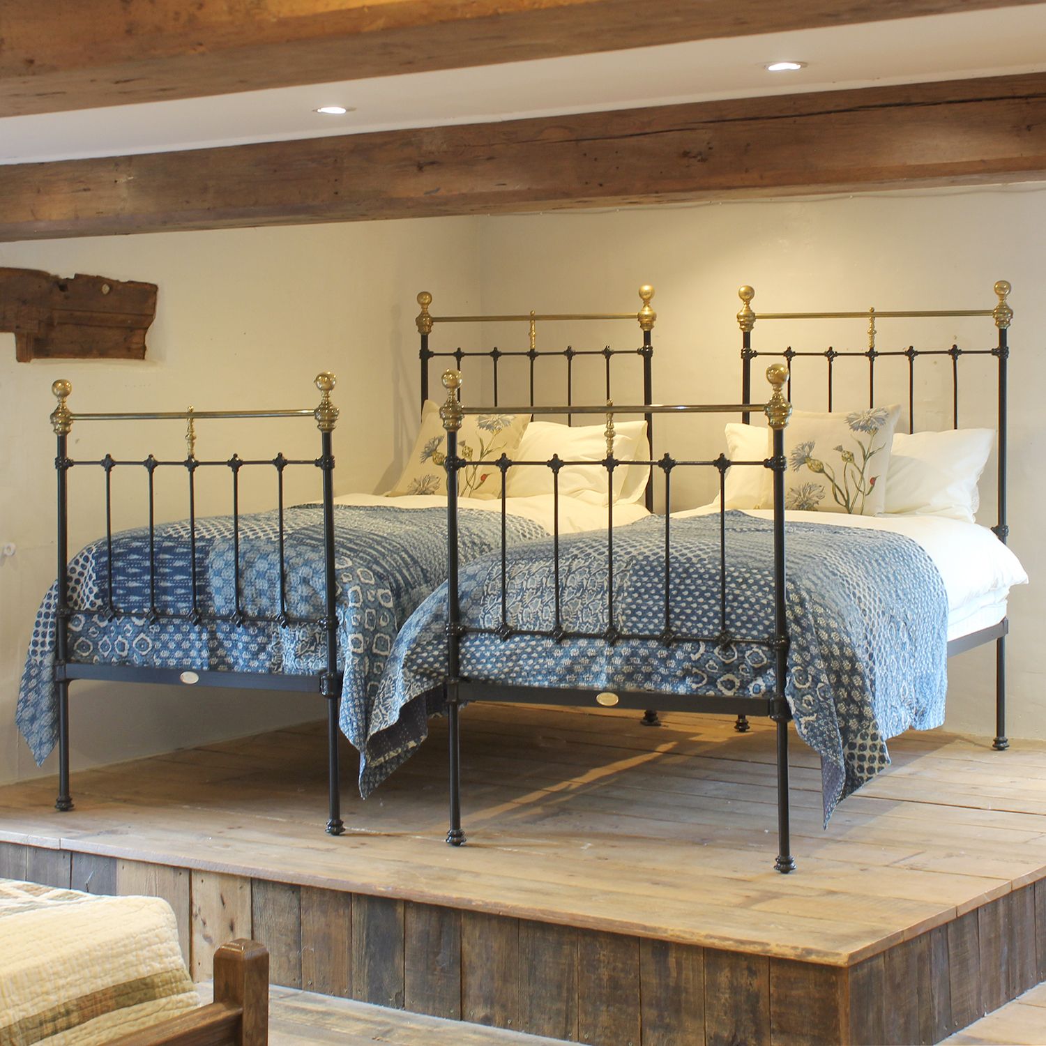 Matching Pair Of Black Antique Cast Iron And Brass Beds, Circa 1890