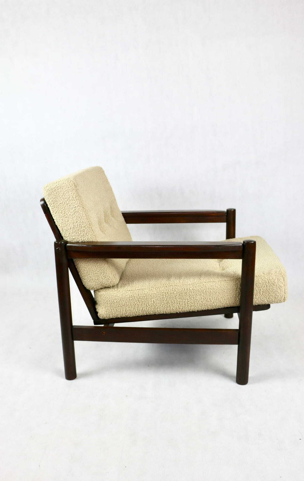 Wooden Armchair Designed By Z. Baczyk, Brown. Vintage Beige Boucle photo Furniture