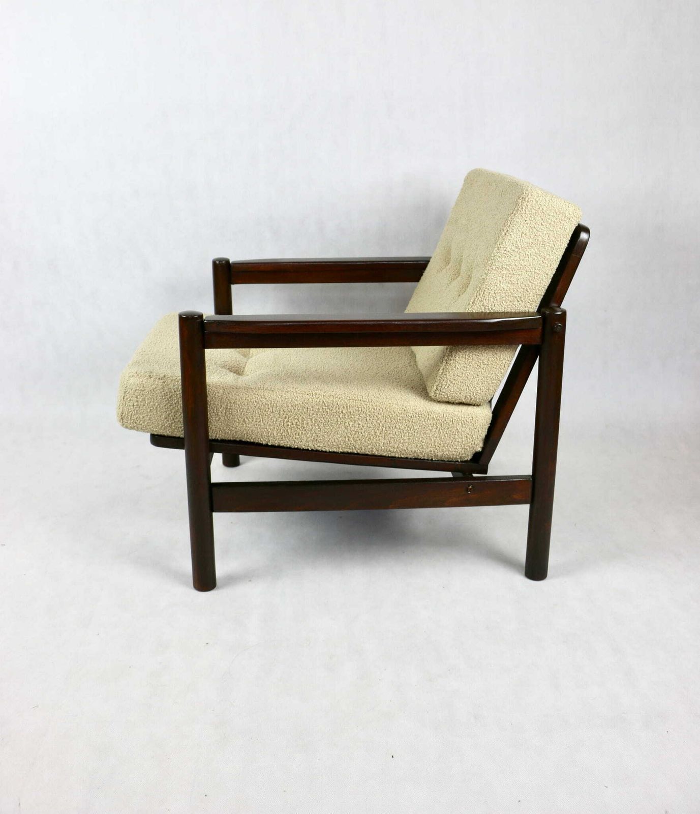 Wooden Armchair Designed By Z. Baczyk, Brown. Vintage Beige Boucle photo vintage