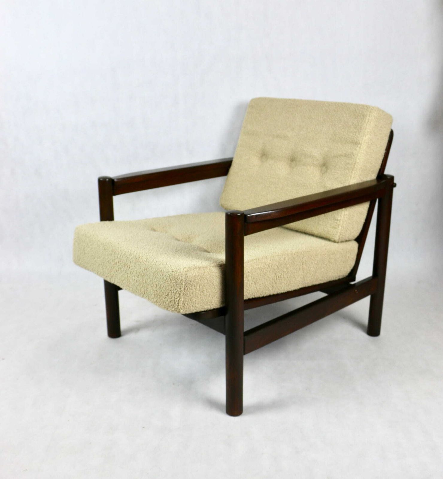 photo furniture Wooden Armchair Designed By Z. Baczyk, Brown. Vintage Beige Boucle