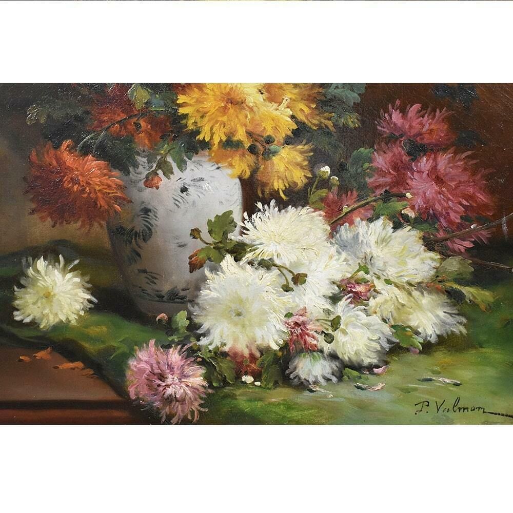 Antique Floral Paintings, Dahlias Flowers, Oil On Canvas, 19th Century. (Qf483) photo for sale
